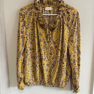 Melloday Gold Floral Ruffle Neck Long Sleeve Blouse Bohemian Top Size L Paisely
